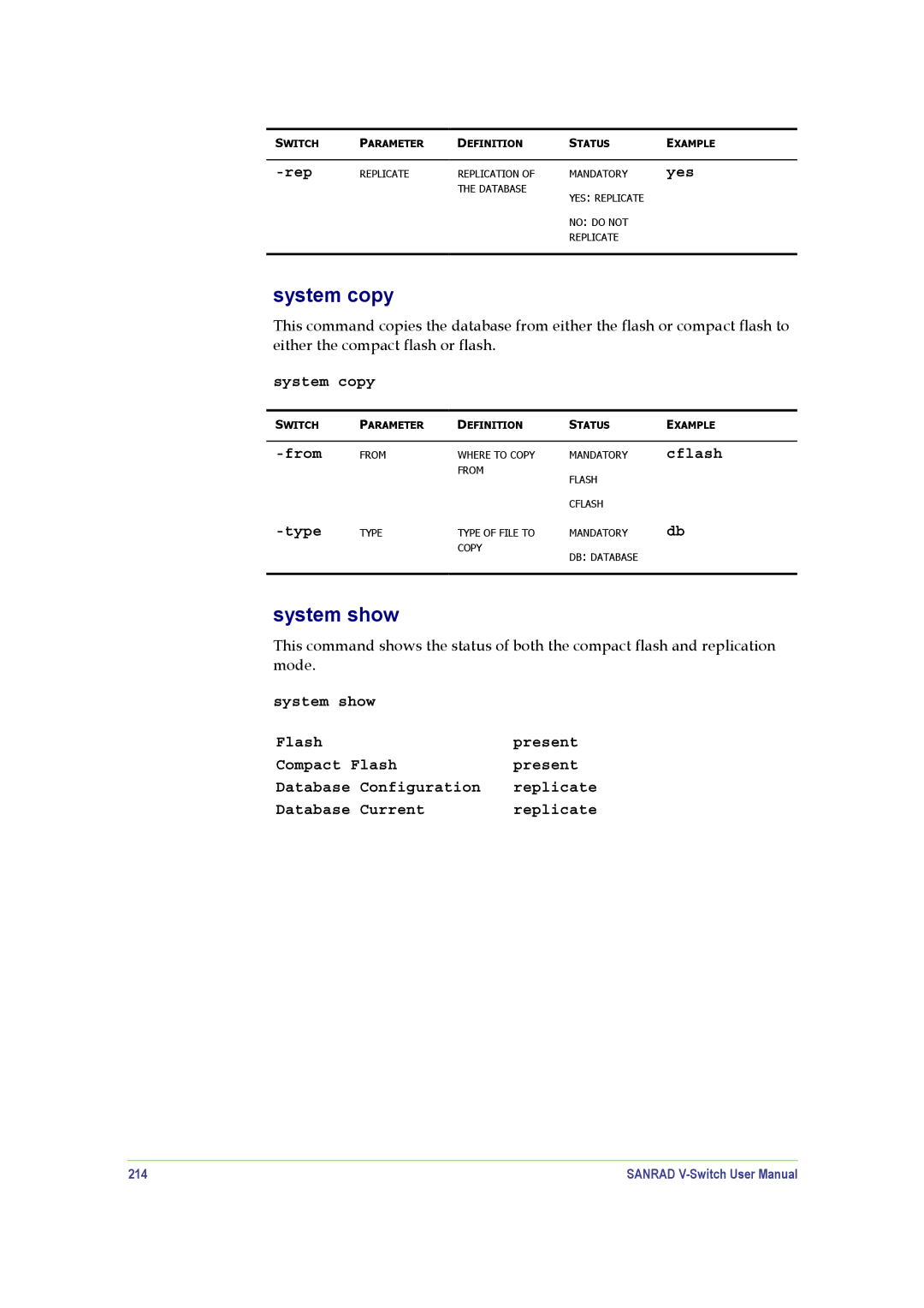 SANRAD V-Switch manual System copy, System show, 214 