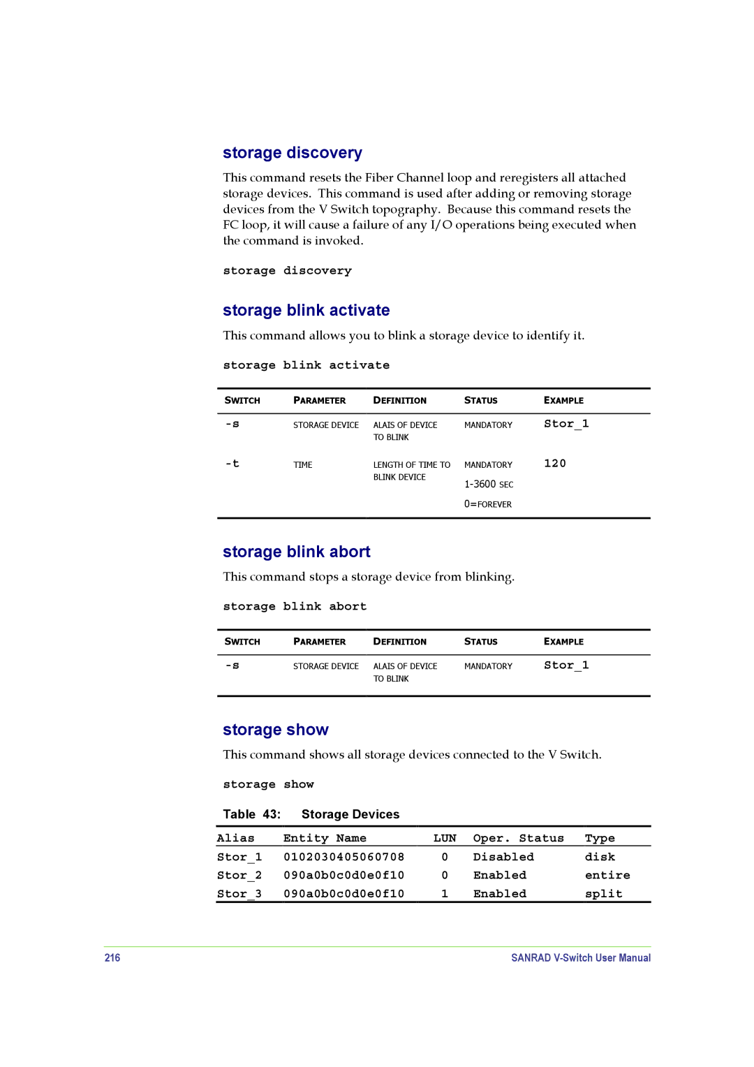 SANRAD V-Switch manual Storage discovery, Storage blink activate, Storage blink abort, Storage show 