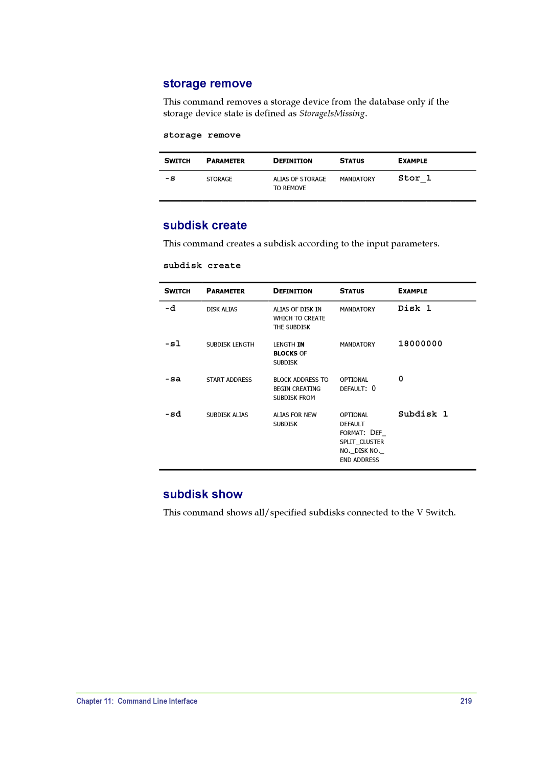 SANRAD V-Switch manual Storage remove, Subdisk create, Subdisk show, Command Line Interface 219 