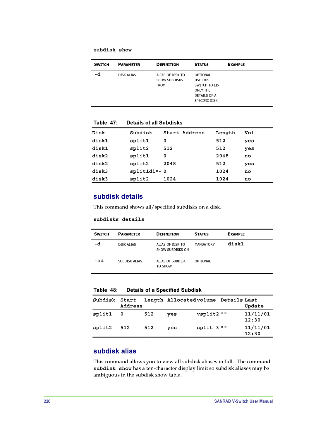 SANRAD V-Switch manual Subdisk details, Subdisk alias, Subdisk show, Subdisks details, 220 