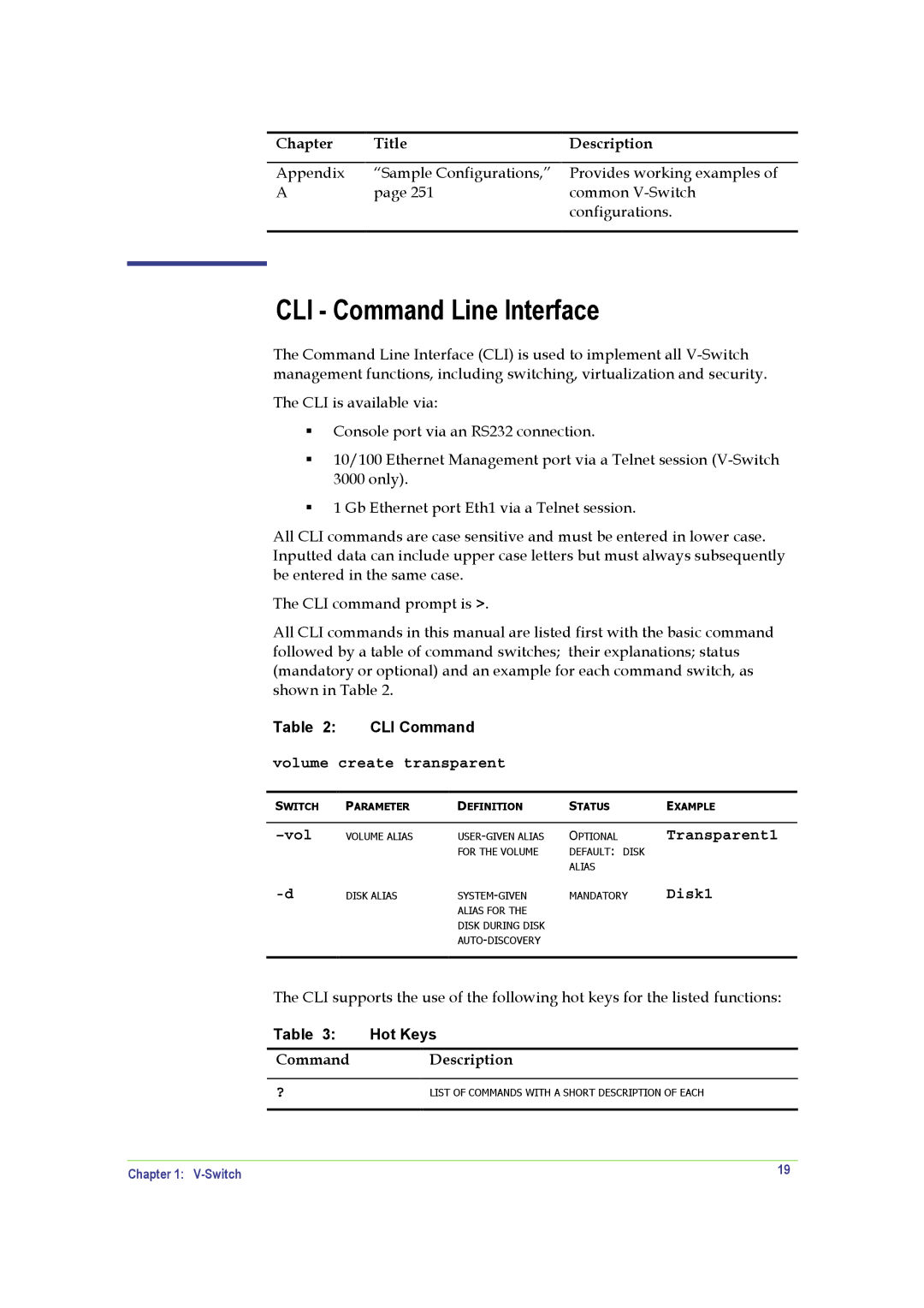 SANRAD V-Switch manual CLI Command Line Interface, Volume create transparent, Transparent1, Disk1 