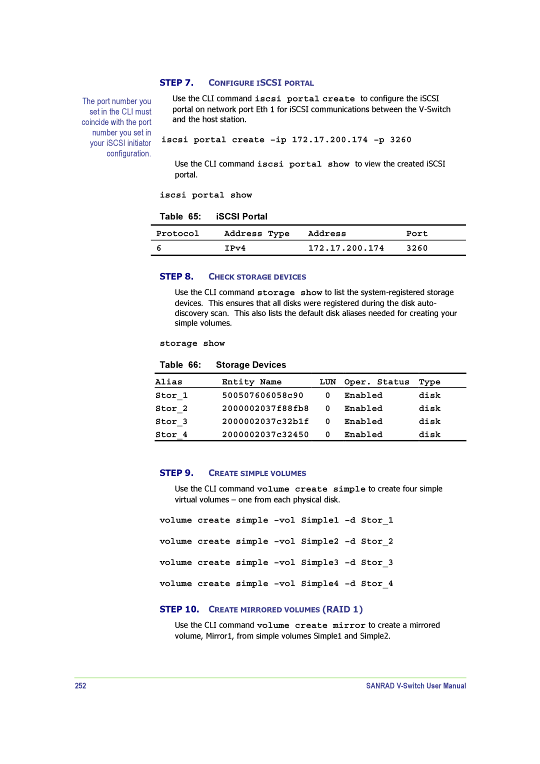 SANRAD V-Switch manual Iscsi portal create -ip 172.17.200.174 -p, Protocol Address Type Port IPv4 172.17.200.174 3260, 252 