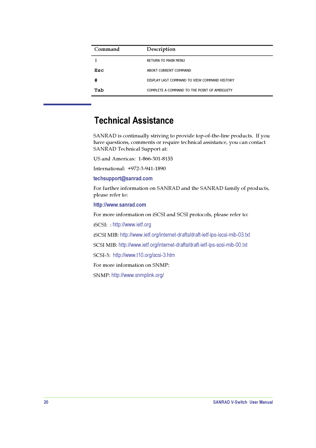 SANRAD V-Switch manual Technical Assistance, Esc Tab 