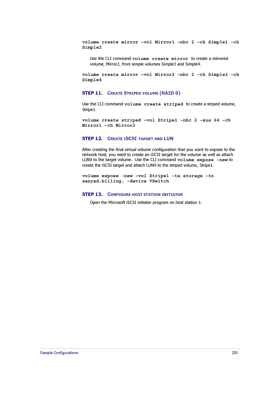 SANRAD V-Switch manual Sample Configurations 253, Create Iscsi Target and LUN 