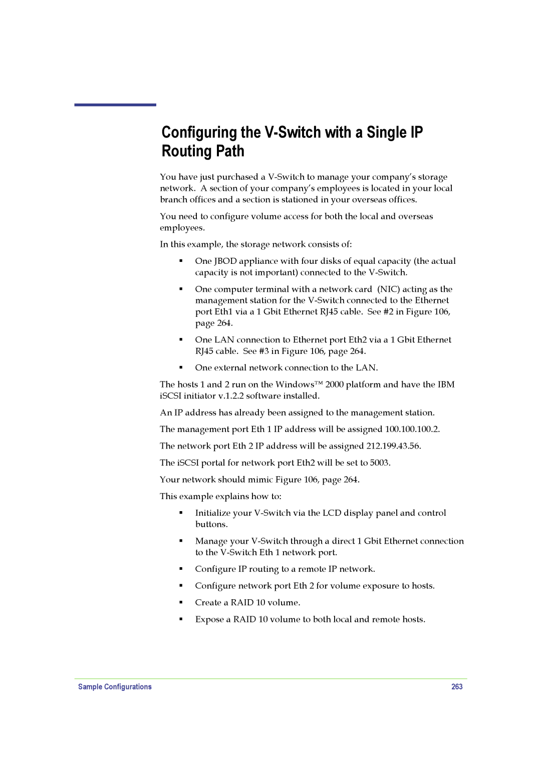 SANRAD manual Configuring the V-Switch with a Single IP Routing Path, Sample Configurations 263 