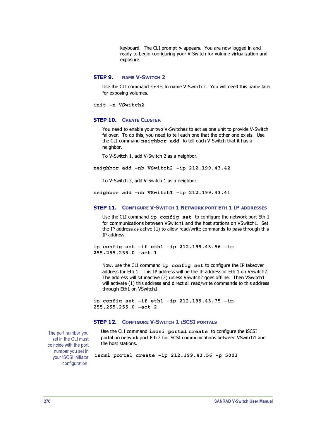 SANRAD V-Switch manual Init -n VSwitch2, Neighbor add -nb VSwitch1 -ip, 276 