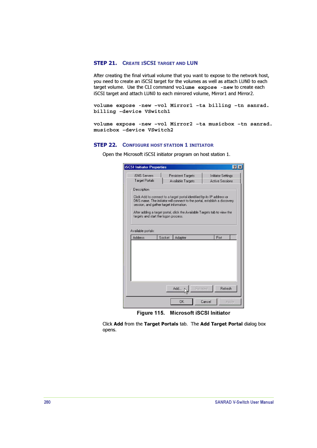 SANRAD V-Switch manual Microsoft iSCSI Initiator, 280 