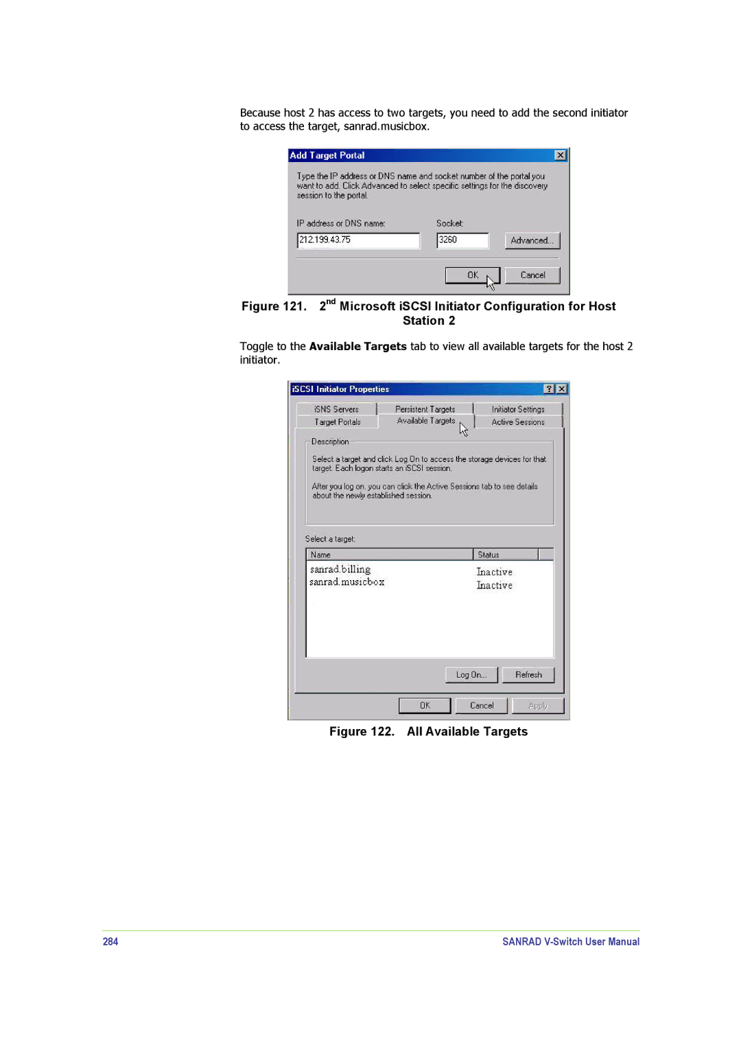 SANRAD V-Switch manual Nd Microsoft iSCSI Initiator Configuration for Host Station, 284 