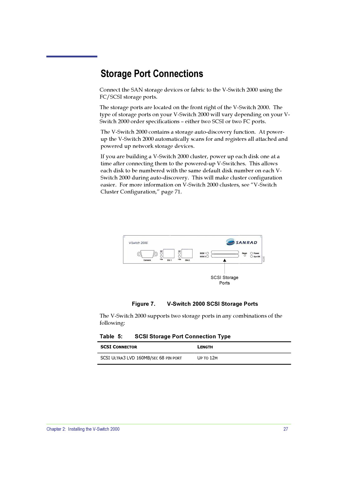 SANRAD V-Switch manual Storage Port Connections, Scsi Storage Port Connection Type 