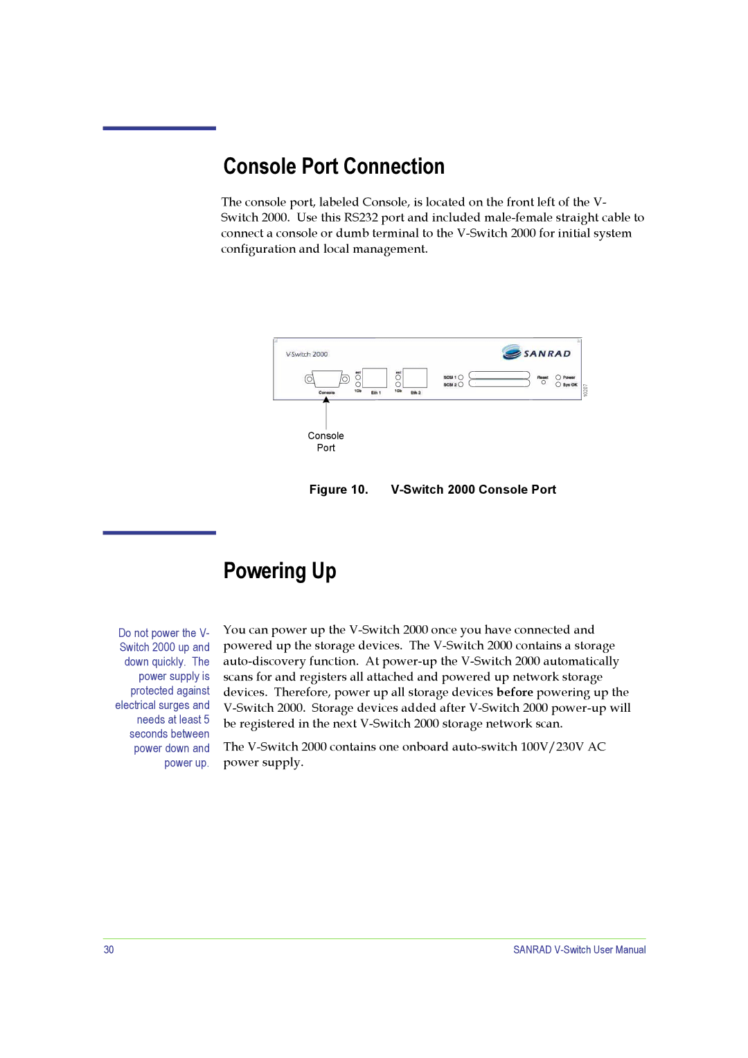 SANRAD V-Switch manual Console Port Connection, Powering Up 