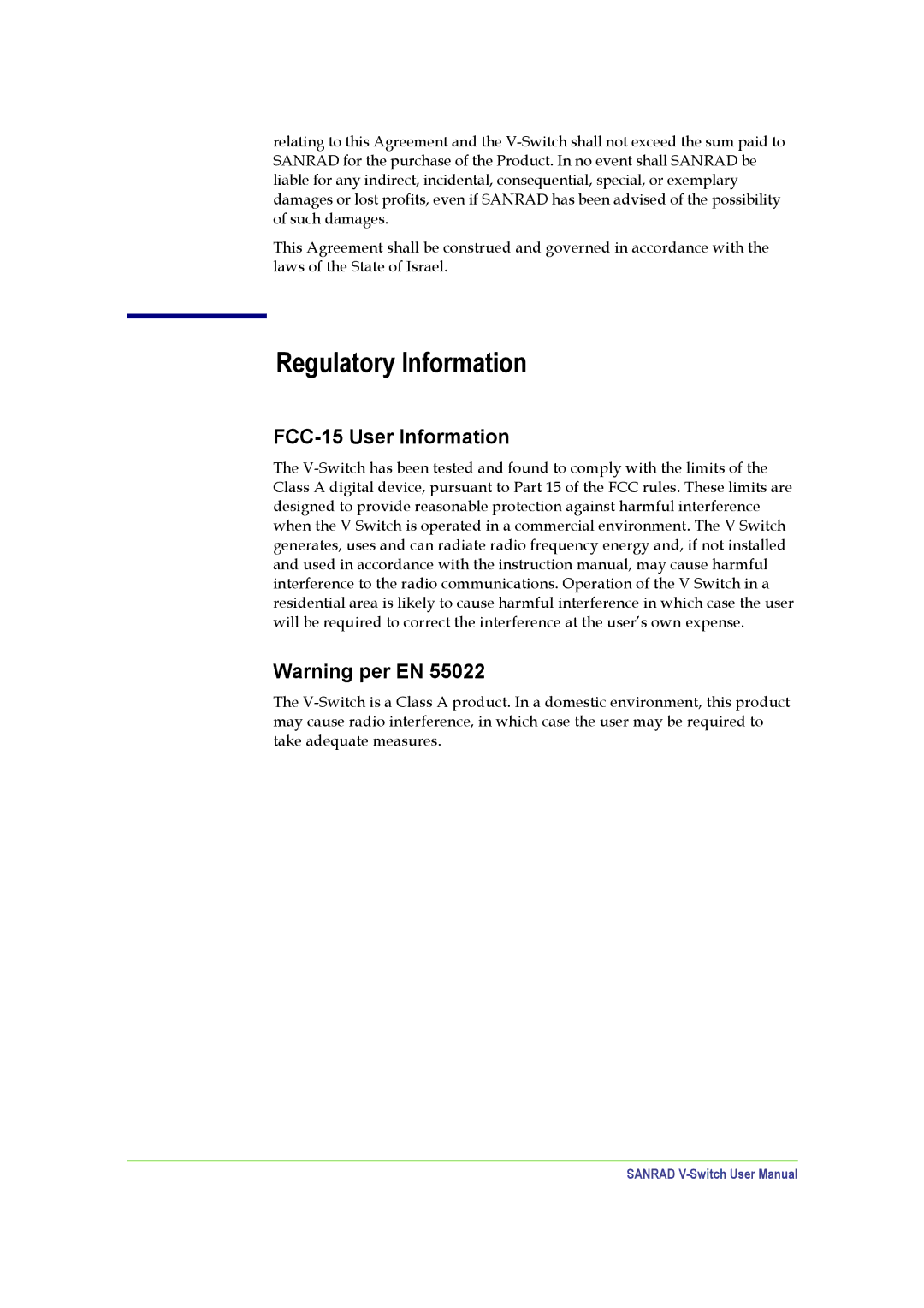 SANRAD V-Switch manual Regulatory Information, FCC-15 User Information 