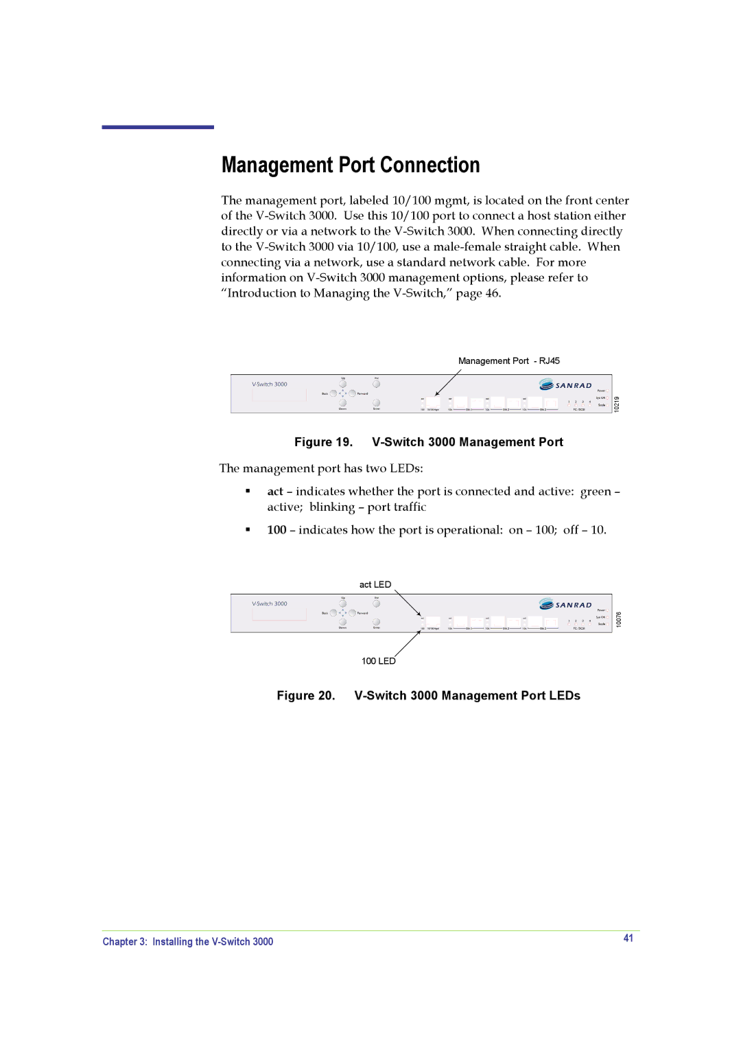 SANRAD V-Switch manual Management Port Connection, Switch 3000 Management Port 