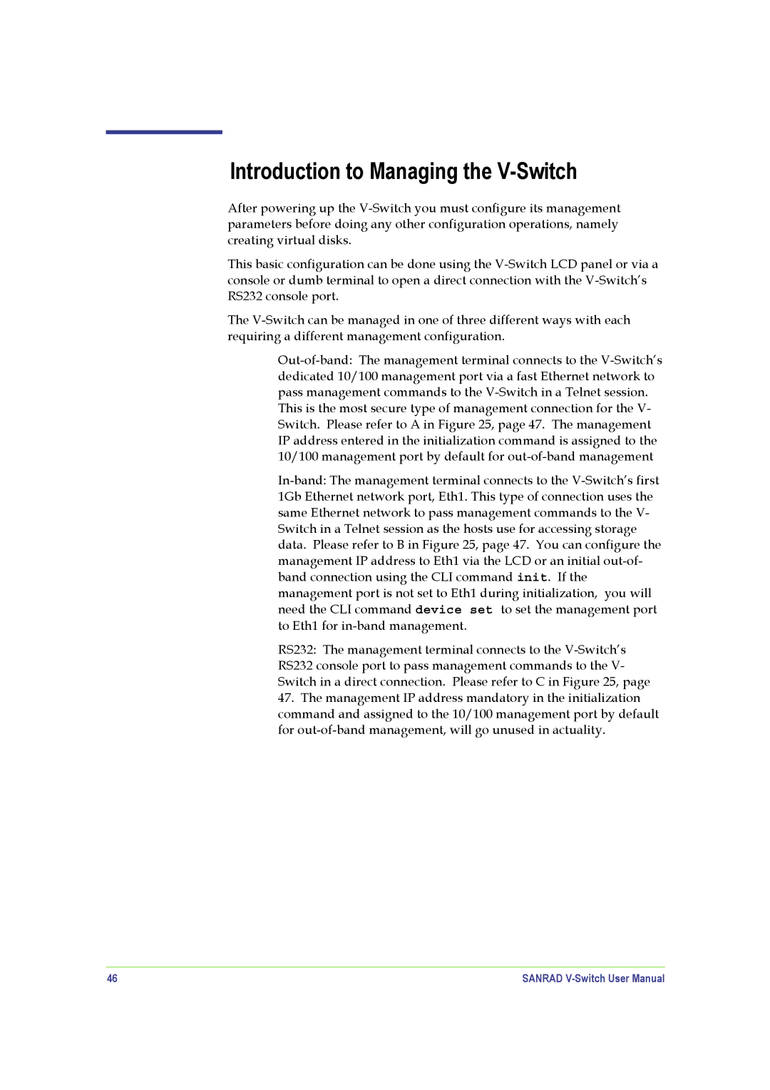 SANRAD manual Introduction to Managing the V-Switch 