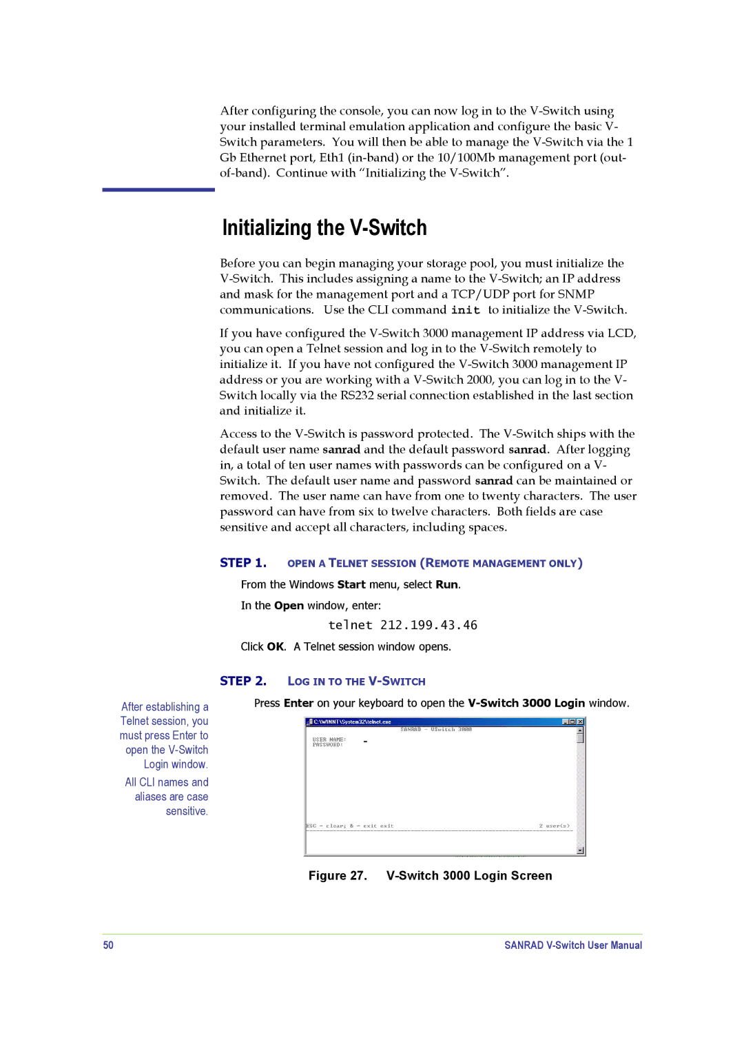 SANRAD manual Initializing the V-Switch, Telnet 