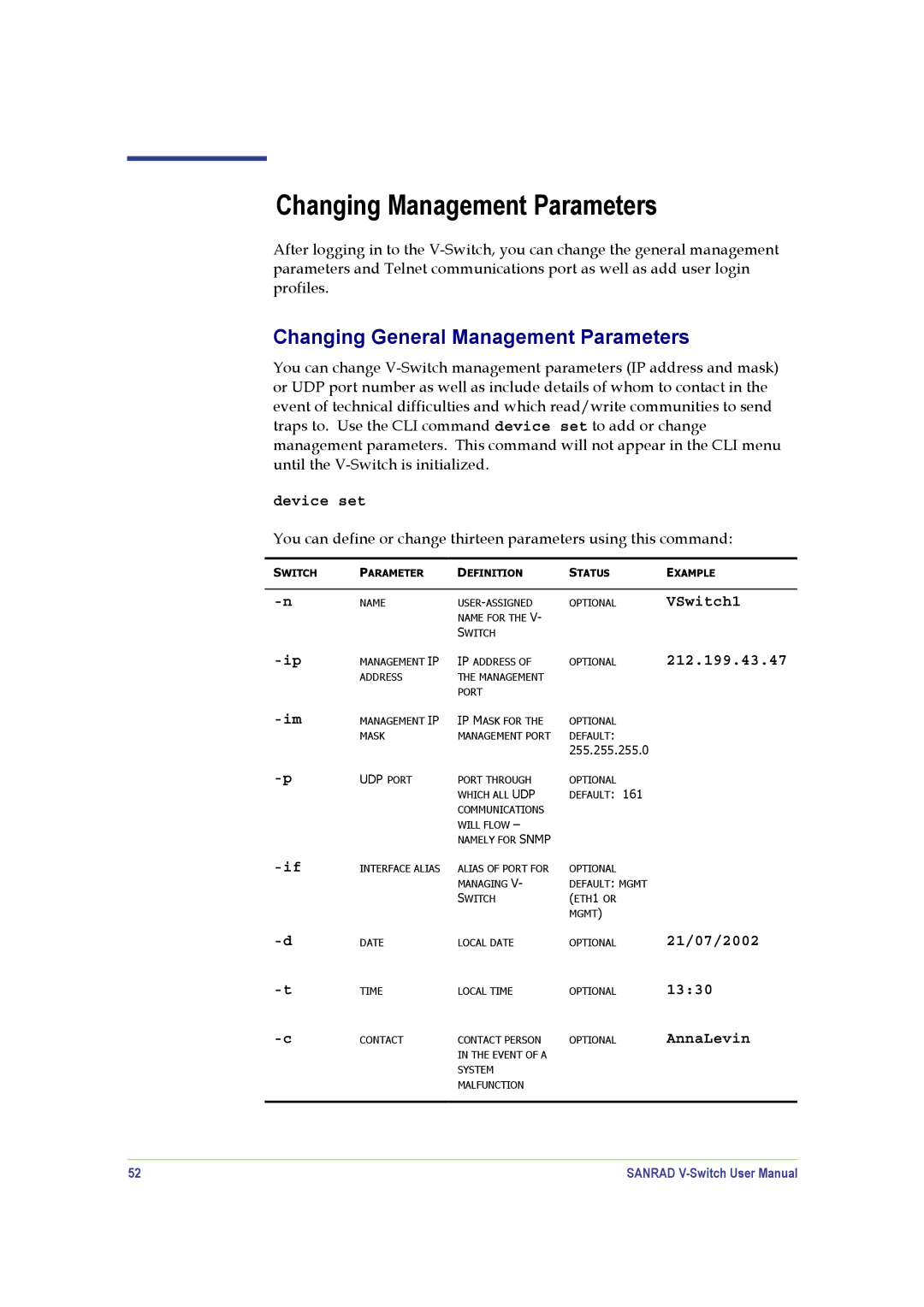 SANRAD V-Switch manual Changing Management Parameters, Changing General Management Parameters, Device set, VSwitch1 