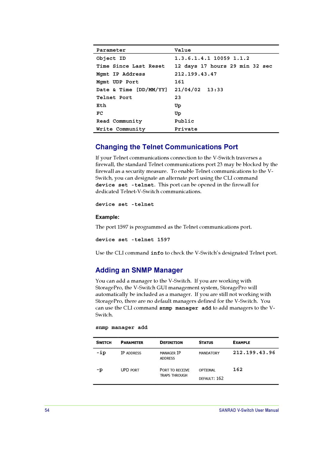 SANRAD V-Switch manual Changing the Telnet Communications Port, Adding an Snmp Manager 