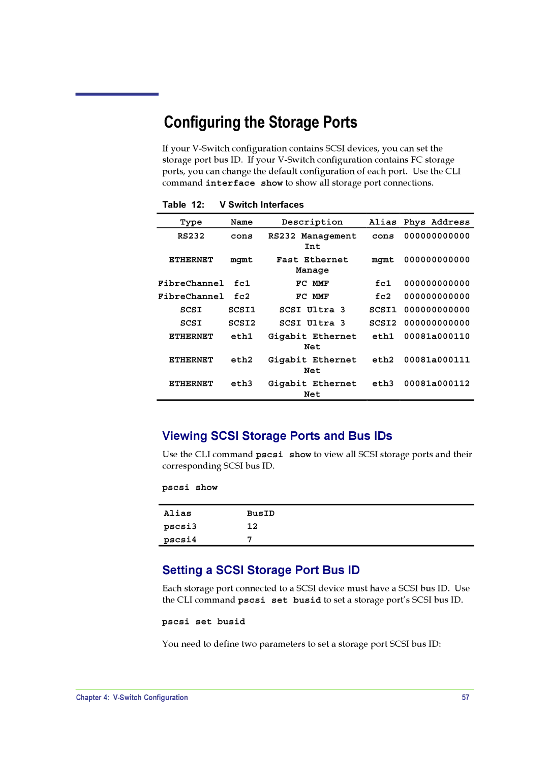 SANRAD V-Switch Configuring the Storage Ports, Viewing Scsi Storage Ports and Bus IDs, Setting a Scsi Storage Port Bus ID 