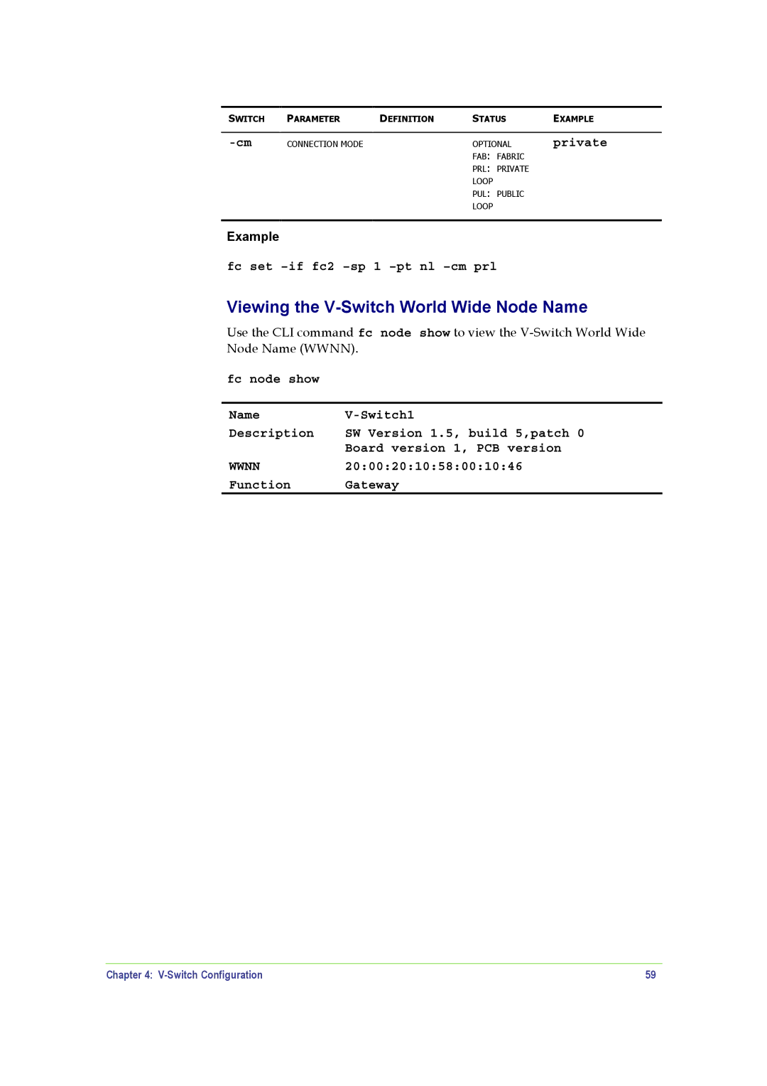 SANRAD manual Viewing the V-Switch World Wide Node Name, Fc set -if fc2 -sp 1 -pt nl -cm prl, 2000201058001046 