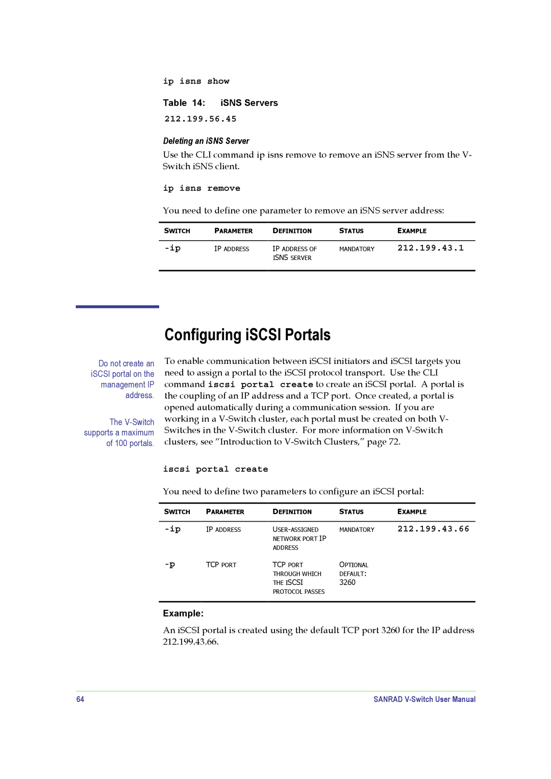 SANRAD V-Switch manual Configuring iSCSI Portals 