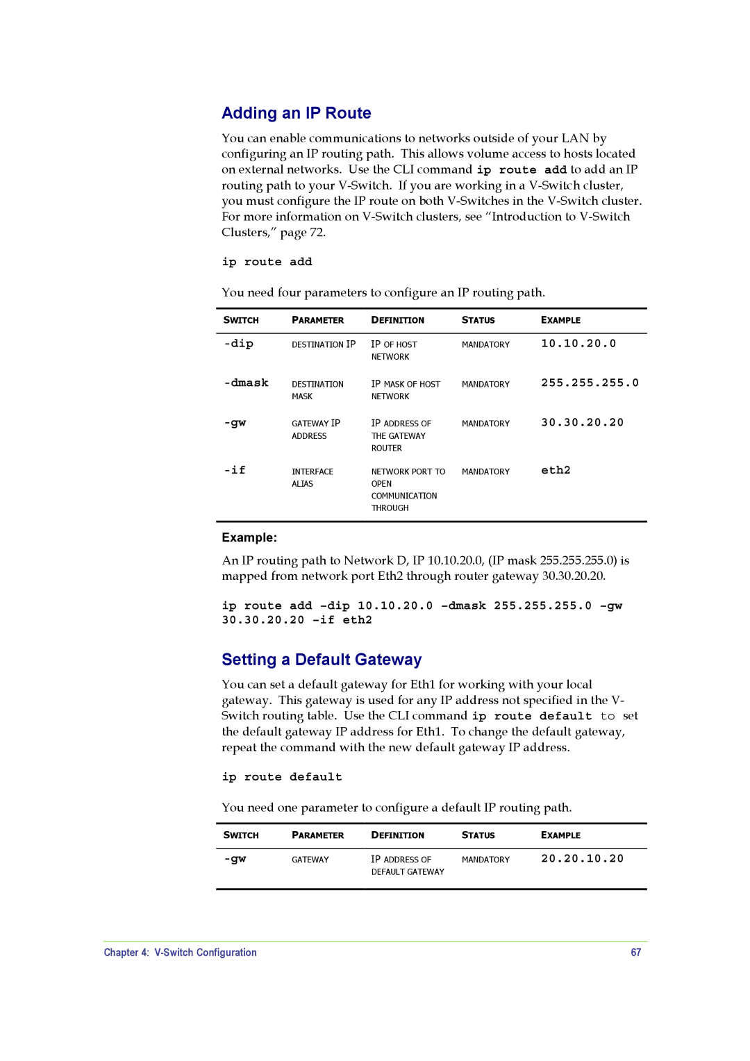 SANRAD V-Switch manual Adding an IP Route, Setting a Default Gateway 