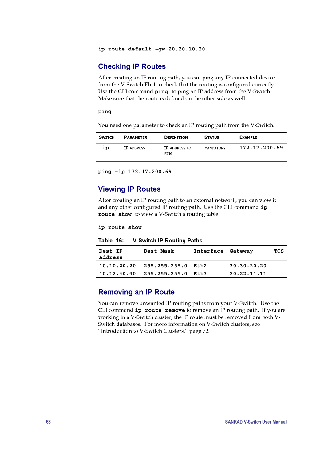 SANRAD V-Switch manual Checking IP Routes, Viewing IP Routes, Removing an IP Route 