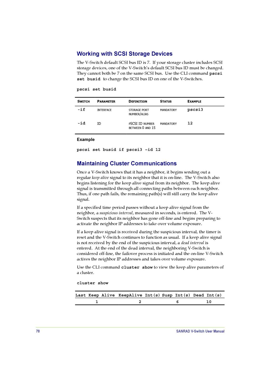 SANRAD V-Switch manual Working with Scsi Storage Devices, Maintaining Cluster Communications, Pscsi set busid if pscsi3 -id 