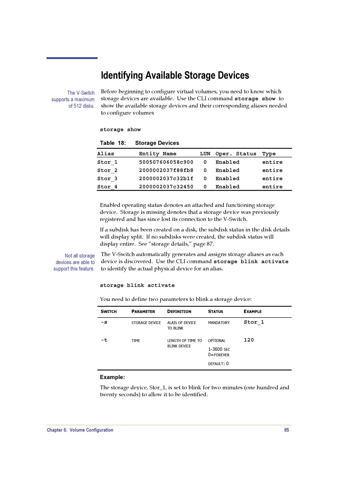 SANRAD V-Switch manual Identifying Available Storage Devices, Storage show, Alias Entity Name, Storage blink activate, 120 