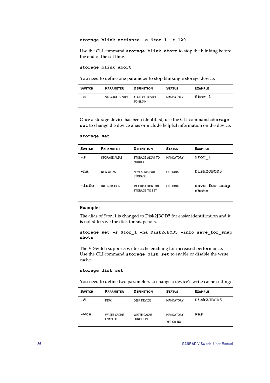SANRAD V-Switch Storage blink activate -s Stor1 -t, Storage blink abort, Storage set, Stor1 Disk2JBOD5 Saveforsnap shots 