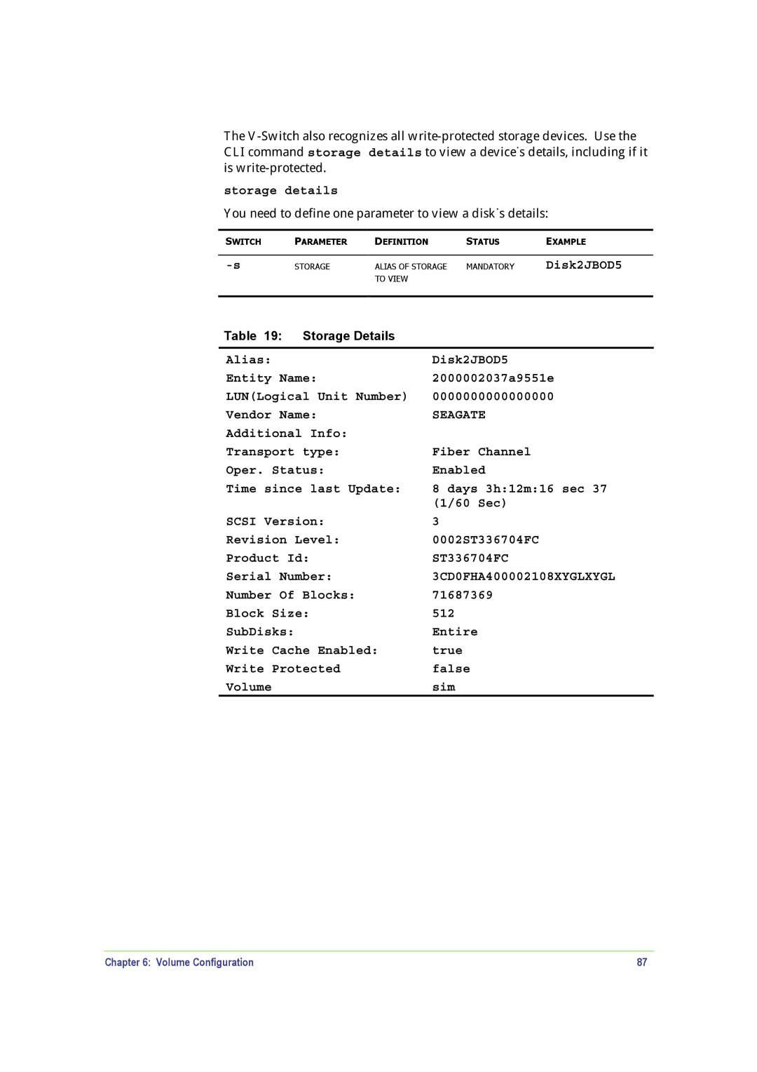 SANRAD V-Switch manual Storage details, Seagate 