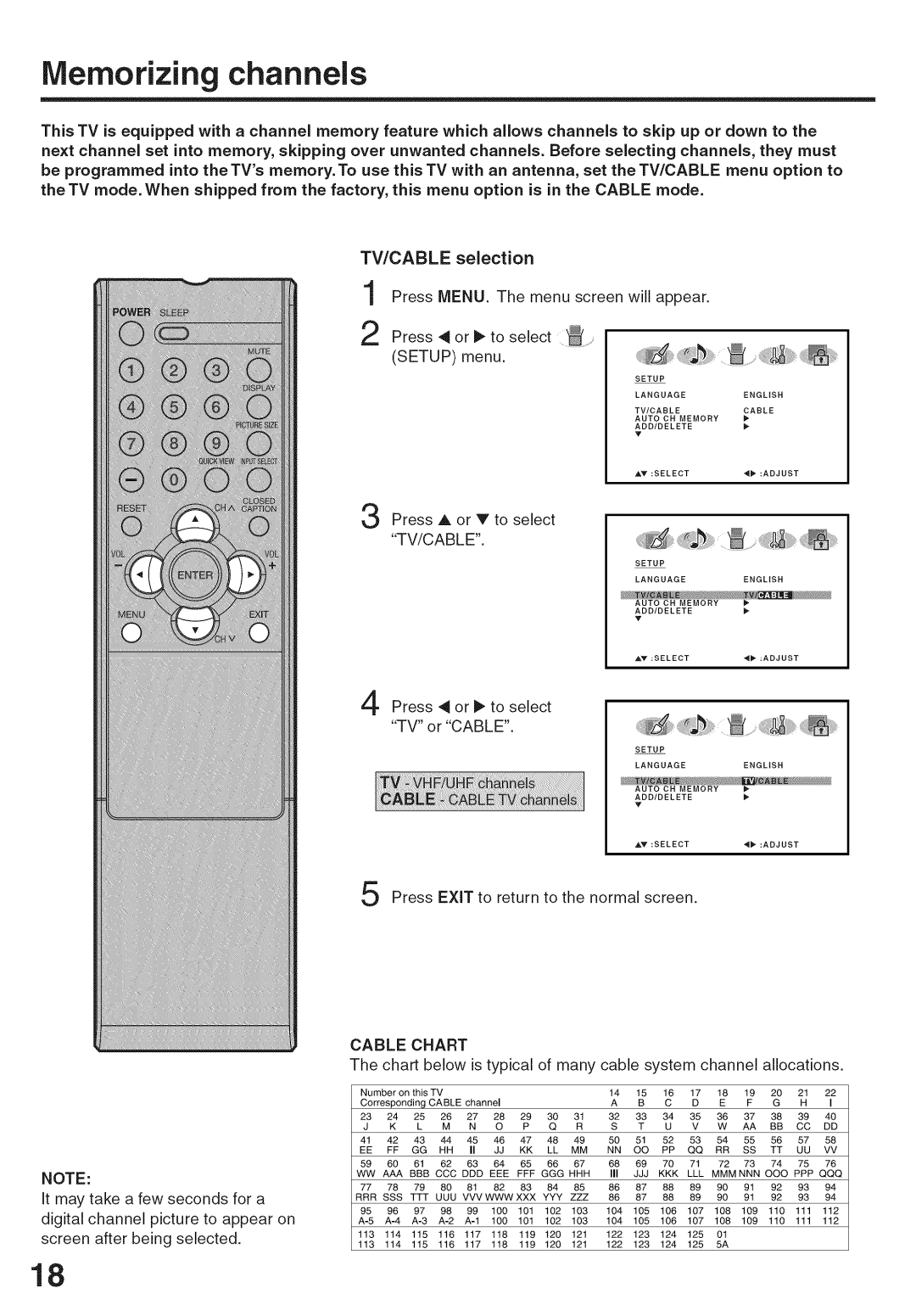 Sansui HDLCD-3700 owner manual Memorizing channels, Cable Chart 