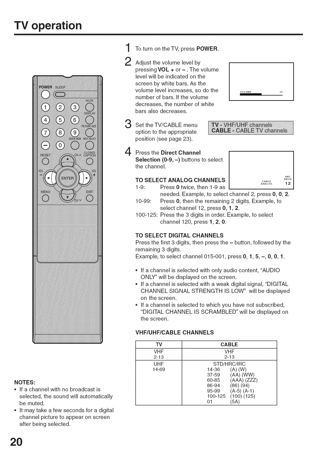 Sansui HDLCD-3700 TV operation, Direct, To Select Analog Channels, To Select Digital Channels, VHF/UHF/CABLE Channels 