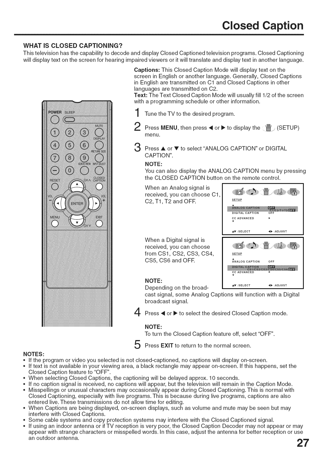 Sansui HDLCD-3700 owner manual Closed Caption, Setup 