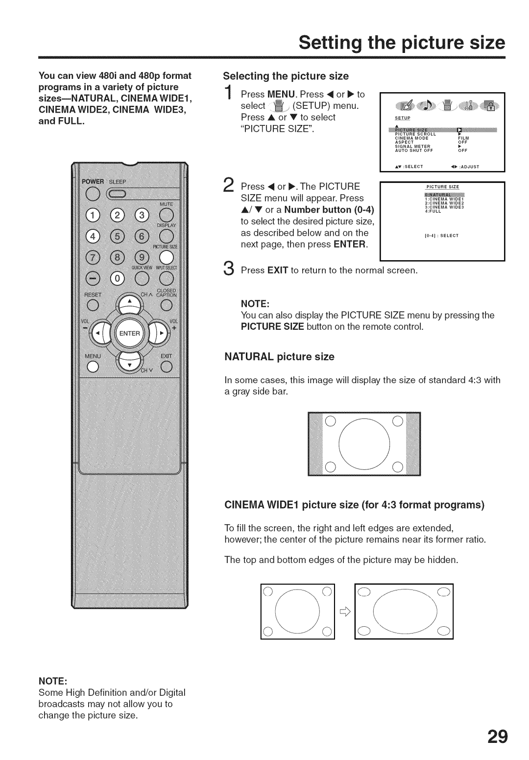 Sansui HDLCD-3700 owner manual Setting the picture size, Picture Size, Natural picture size 