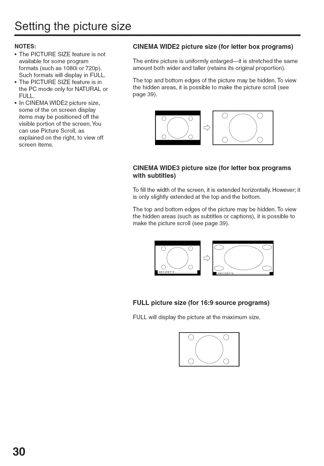 Sansui HDLCD-3700 owner manual Setting the picture size, Cinema WIDE2 picture size for letter box programs 