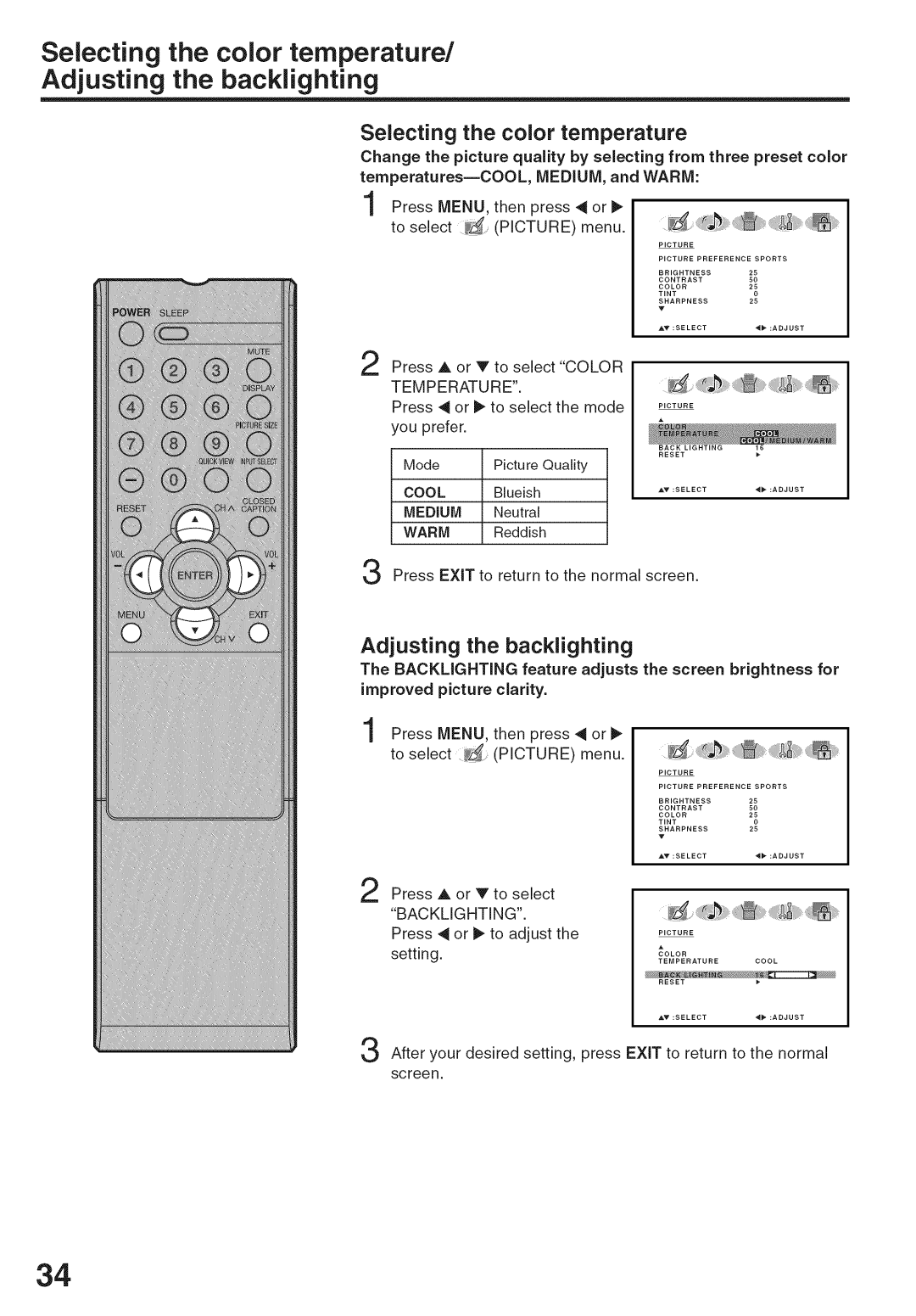 Sansui HDLCD-3700 owner manual Adjusting the backlighting, MEDIUM, and Warm 