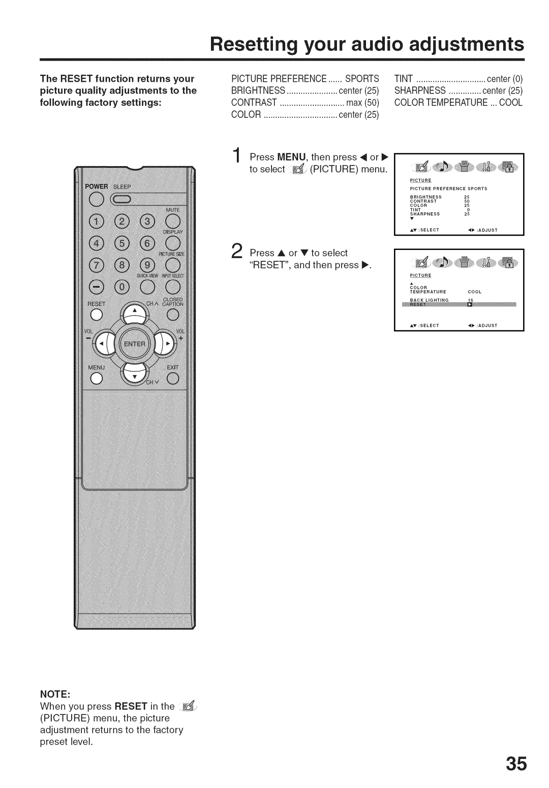 Sansui HDLCD-3700 owner manual Resetting your audio adjustments, Reset function returns your picture quality adjustments to 