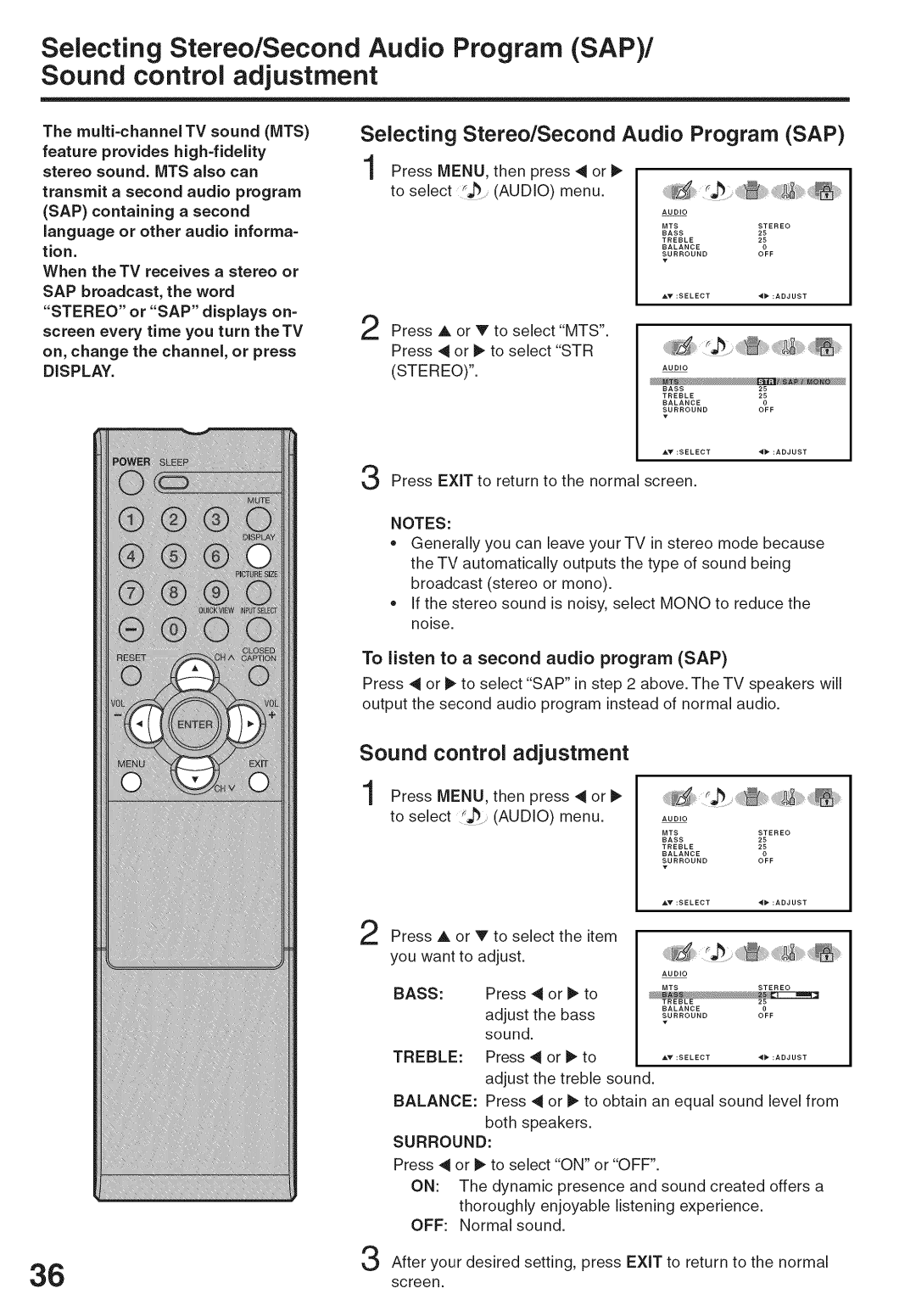 Sansui HDLCD-3700 Selecting Stereo/Second Audio Program SAP, Sound control adjustment, On, change the channel, or press 