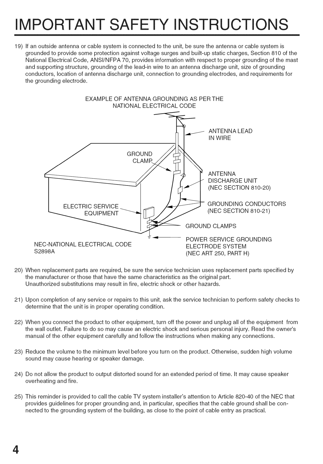 Sansui HDLCD-3700 owner manual Portant Safety Instructions, NEC ART 250, Part H 