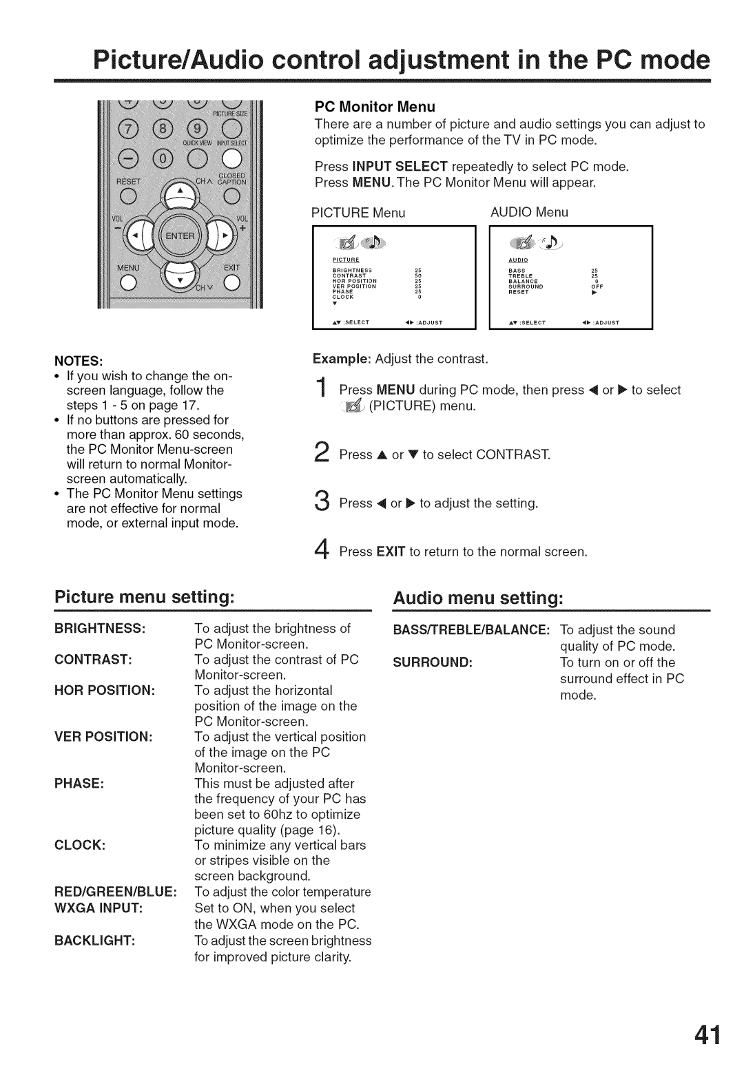 Sansui HDLCD-3700 owner manual Picture/Audio control adjustment in the PC mode, Picture menu setting, Audio menu setting 