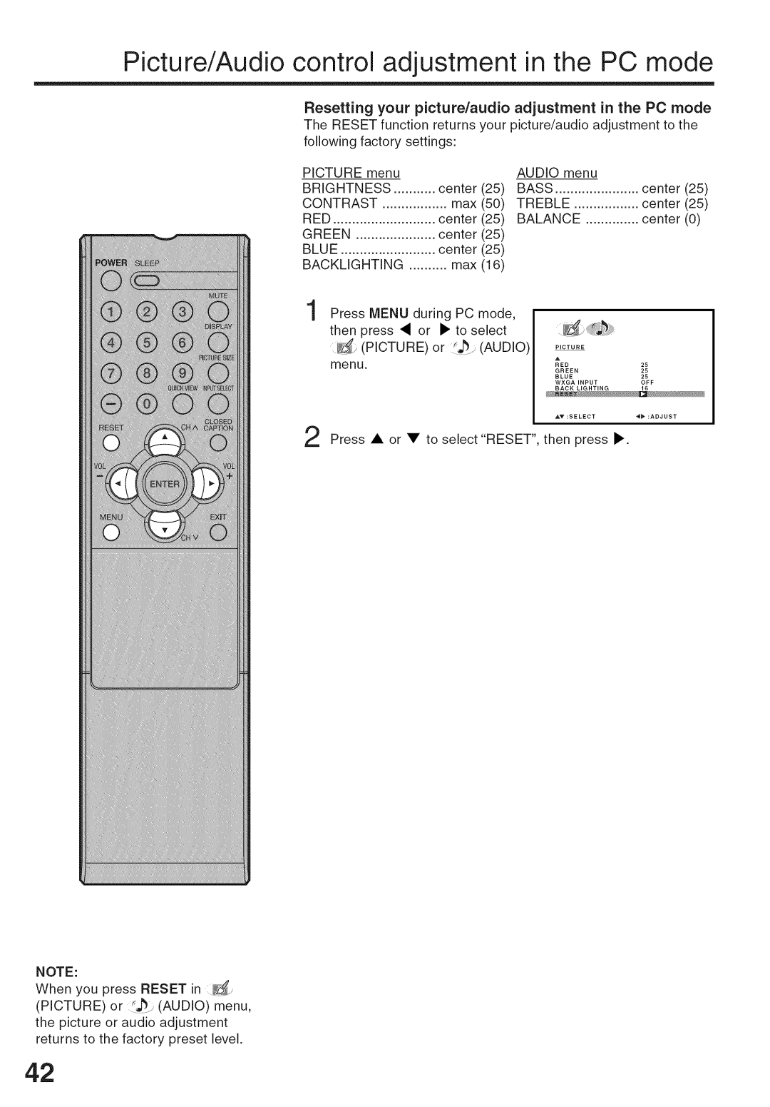 Sansui HDLCD-3700 owner manual Picture/Audio control adjustment in the PC mode, Red, Green, Blue, Backlighting 