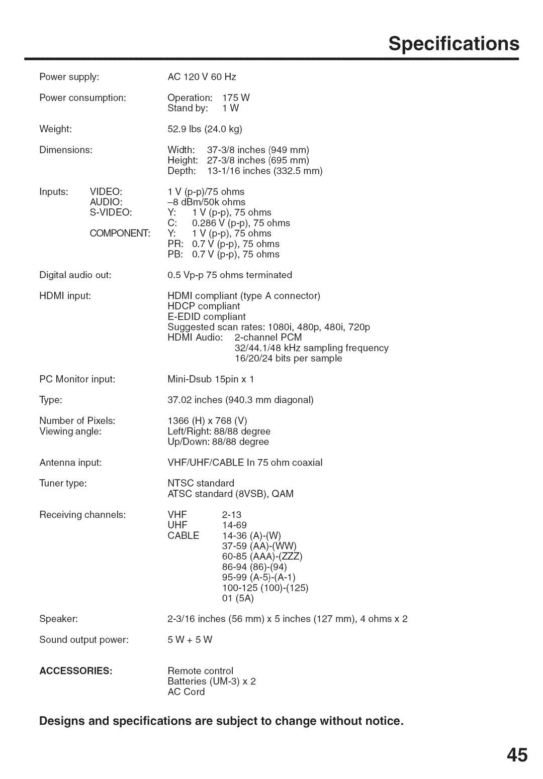 Sansui HDLCD-3700 owner manual Specifications, Video Component, Accessories, Vhf Uhf, Cable 