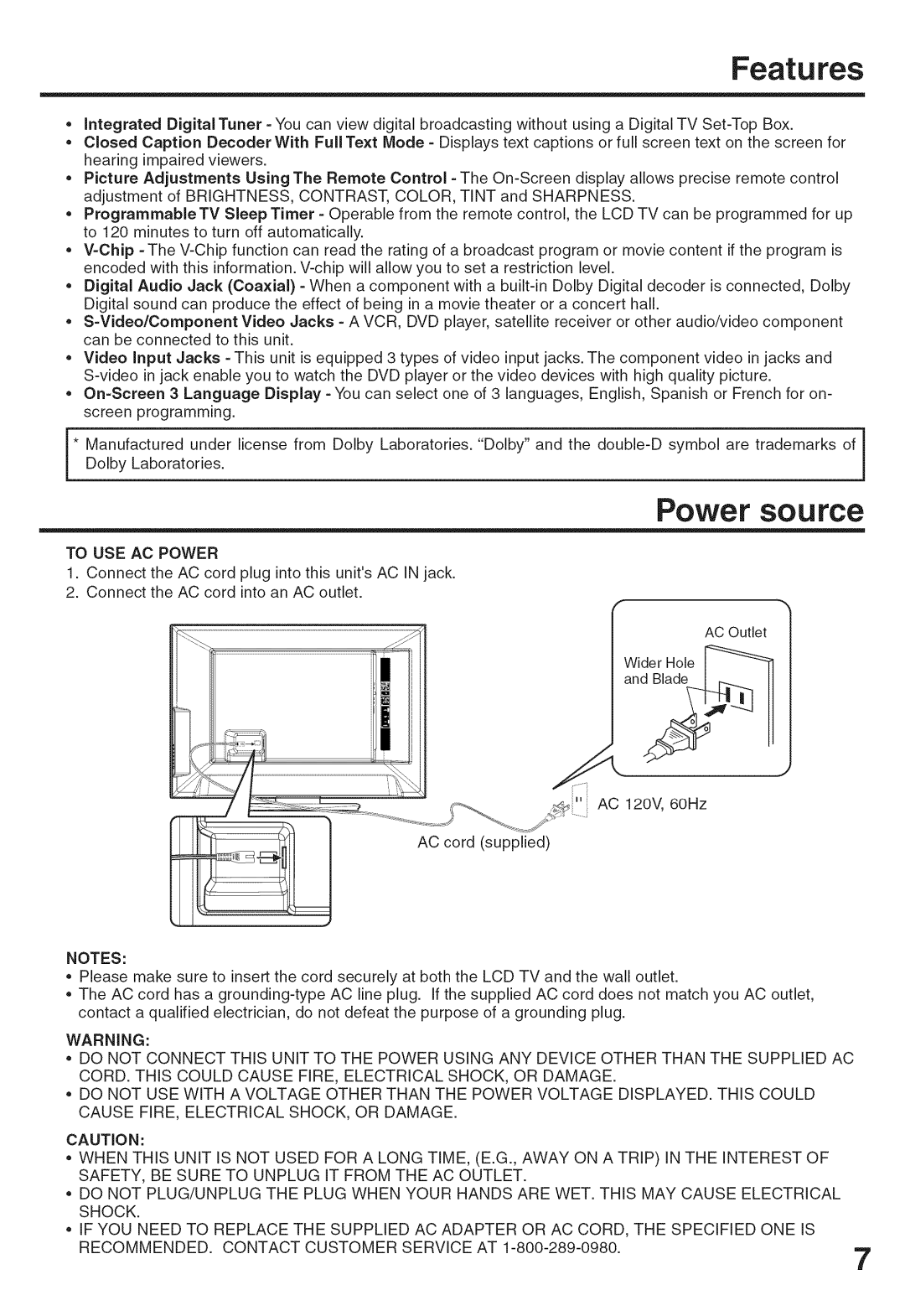 Sansui HDLCD-3700 owner manual Features, Power source, To USE AC Power 