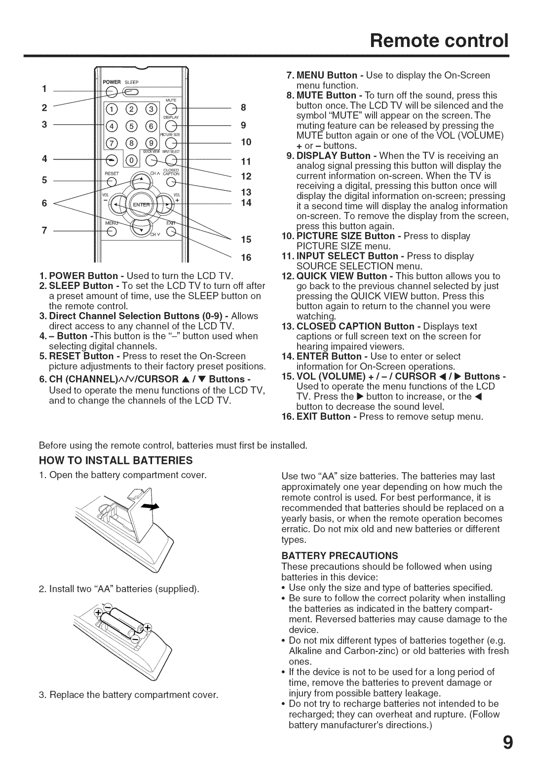 Sansui HDLCD-3700 owner manual Remote control, HOW to Install Batteries, Battery Precautions 