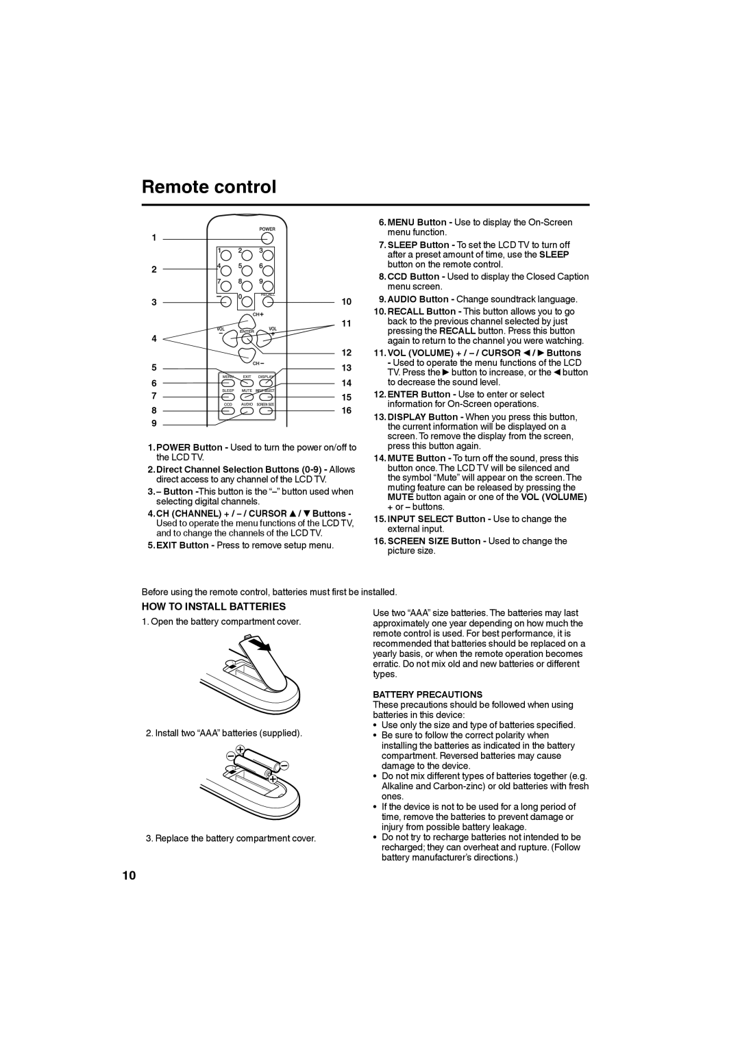 Sansui HDLCD185W owner manual Remote control, Battery Precautions 