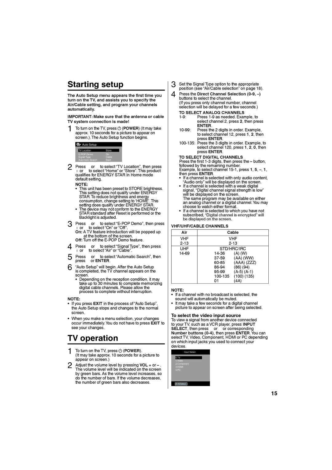 Sansui HDLCD185W owner manual Starting setup, TV operation, To select the video input source 