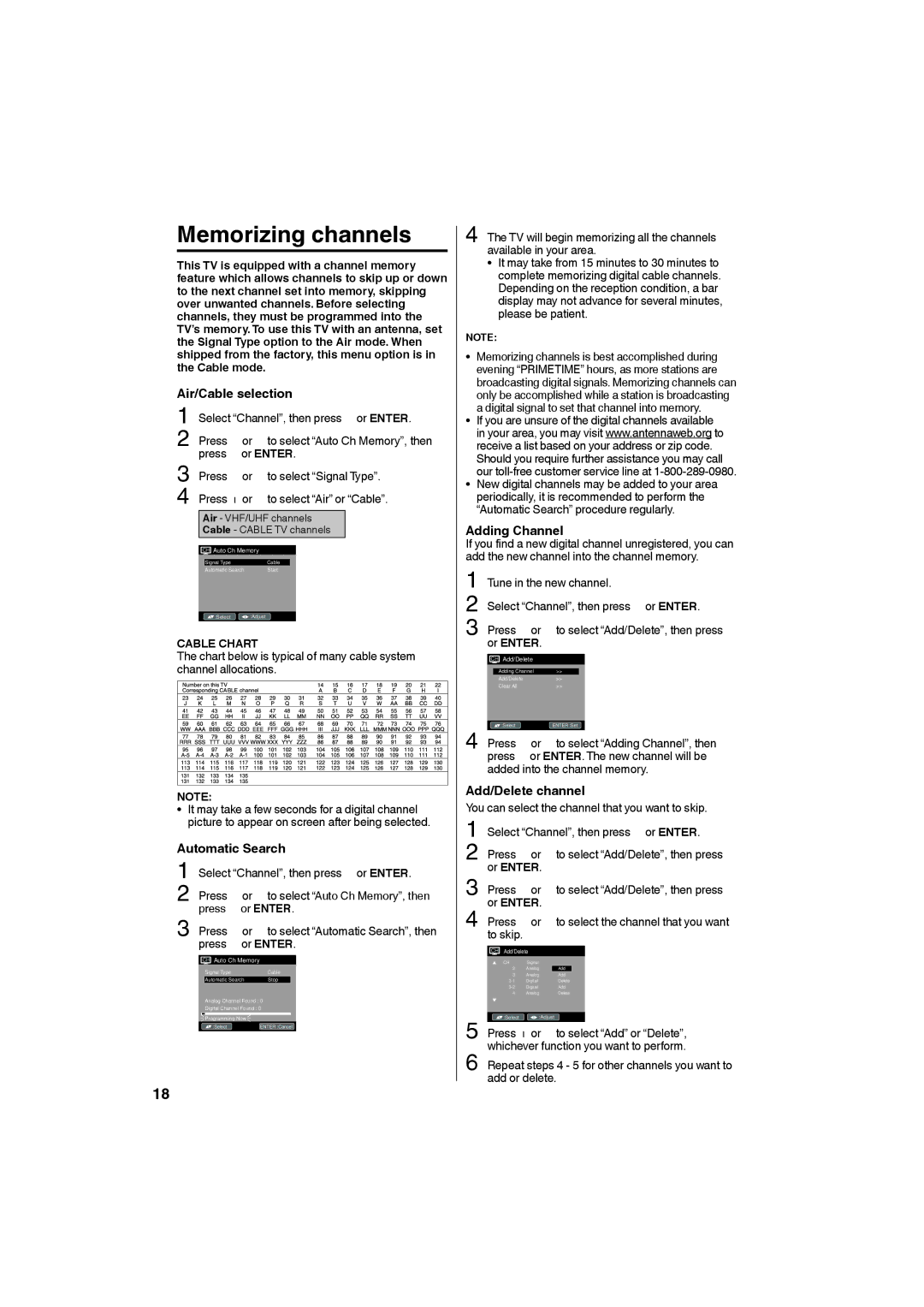 Sansui HDLCD185W Memorizing channels, Air/Cable selection, Automatic Search, Adding Channel, Add/Delete channel 