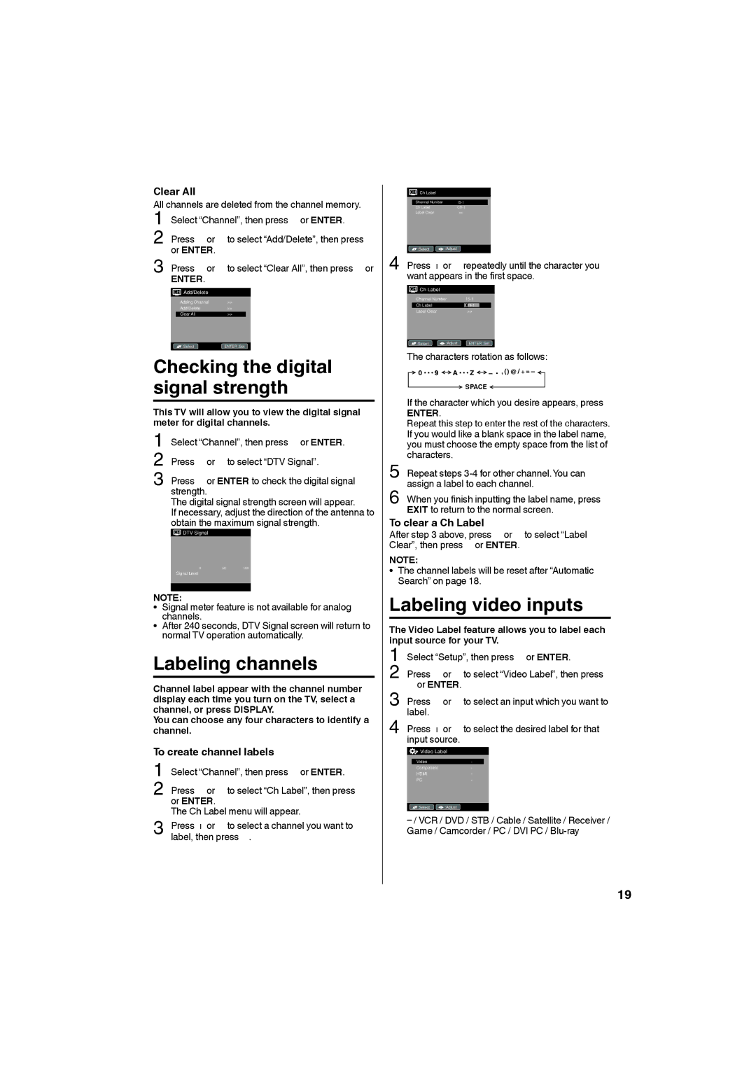 Sansui HDLCD185W owner manual Labeling channels, To create channel labels 