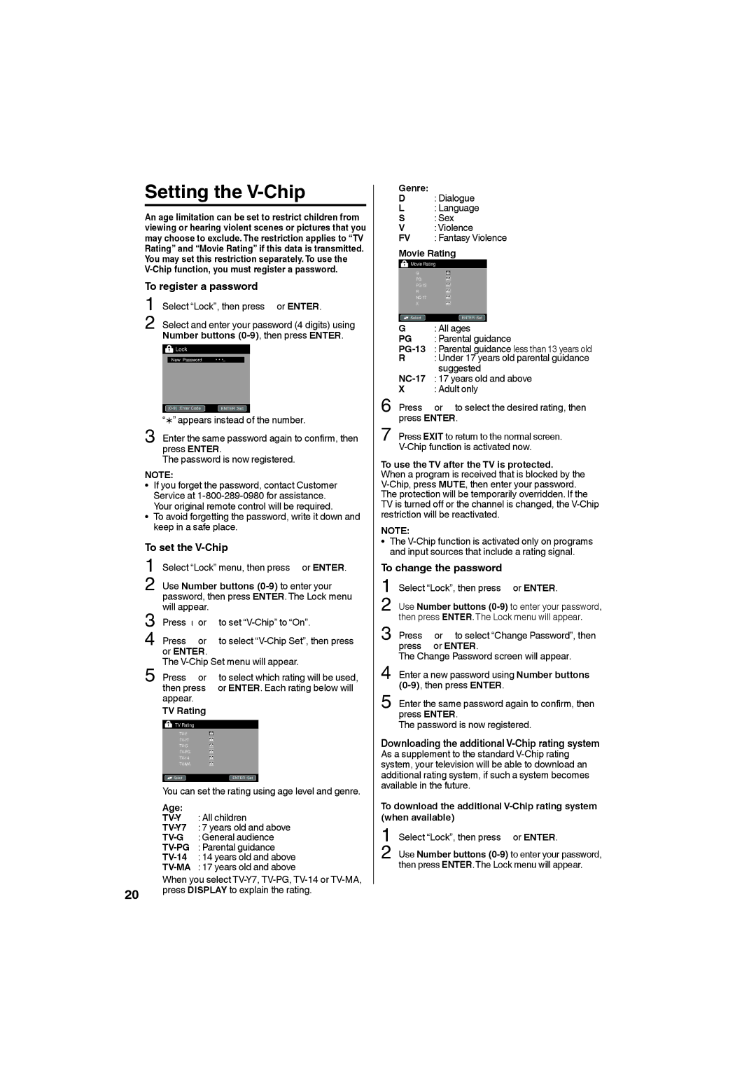 Sansui HDLCD185W owner manual Setting the V-Chip, To register a password, To set the V-Chip, To change the password 