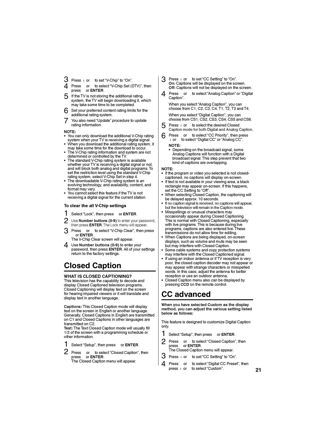 Sansui HDLCD185W owner manual Closed Caption, CC advanced, To clear the all V-Chip settings 