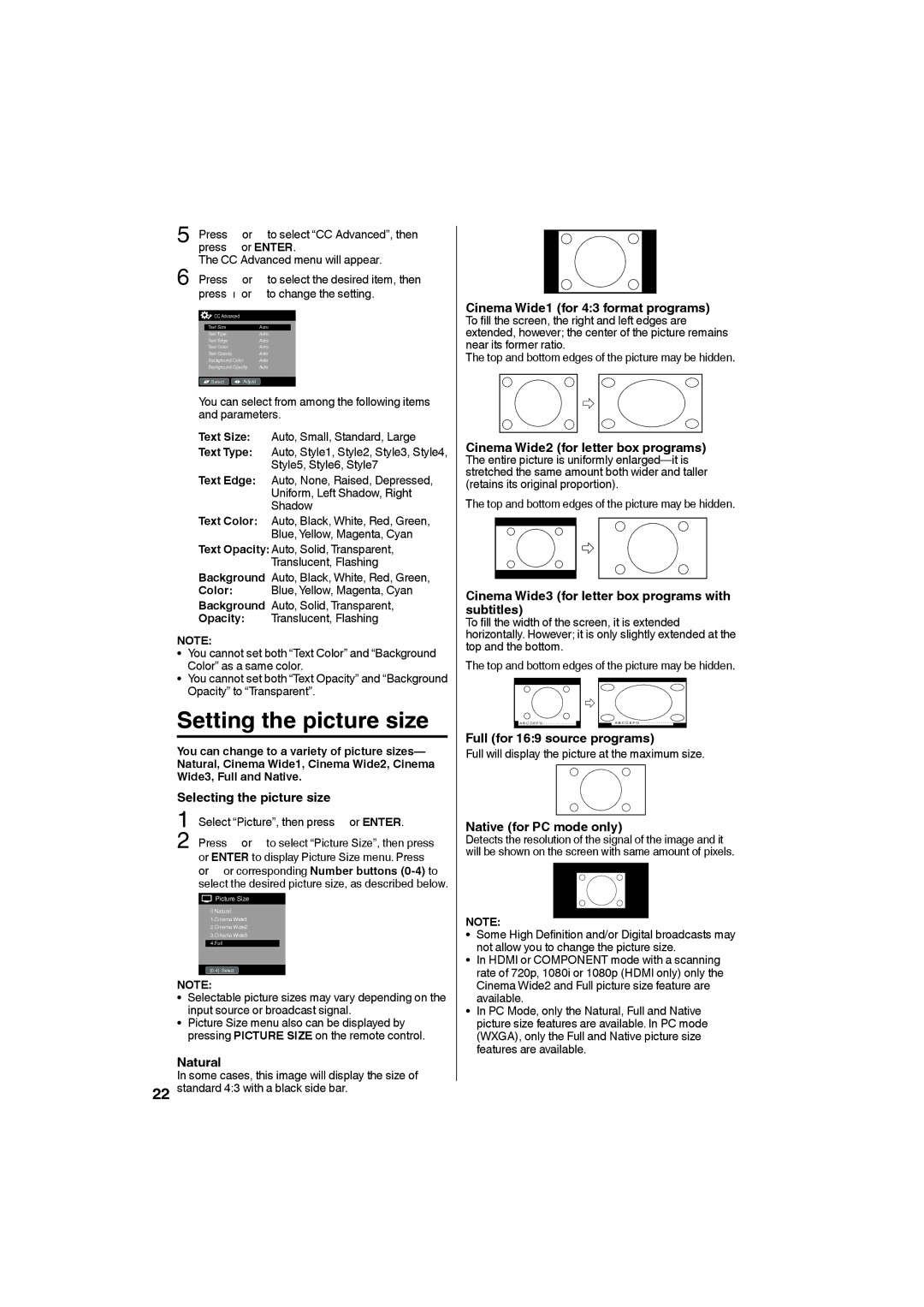 Sansui HDLCD185W owner manual Setting the picture size 